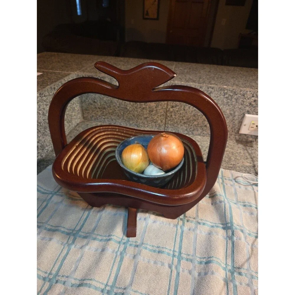 Vintage Collapsible Wooden Apple Fruit Basket & Trivet – Mid-Century Style